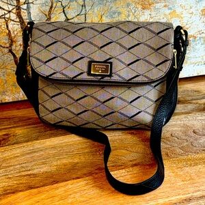 Vtg Fossil Preston Gray canvas Black leather crossbody with adjustable strap